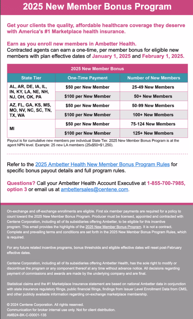 Ambetter Health 2025 New Member Bonus Program Chart